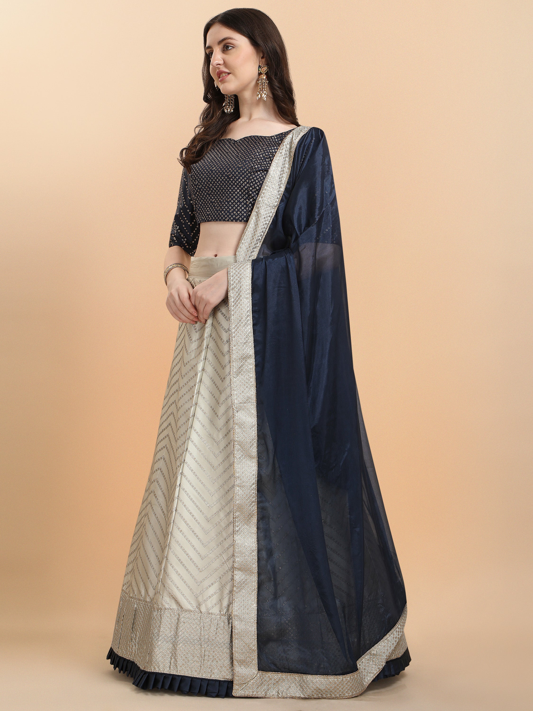 Beige With Navy Blue Color Sequence Work Satin Silk Lehenga Choli