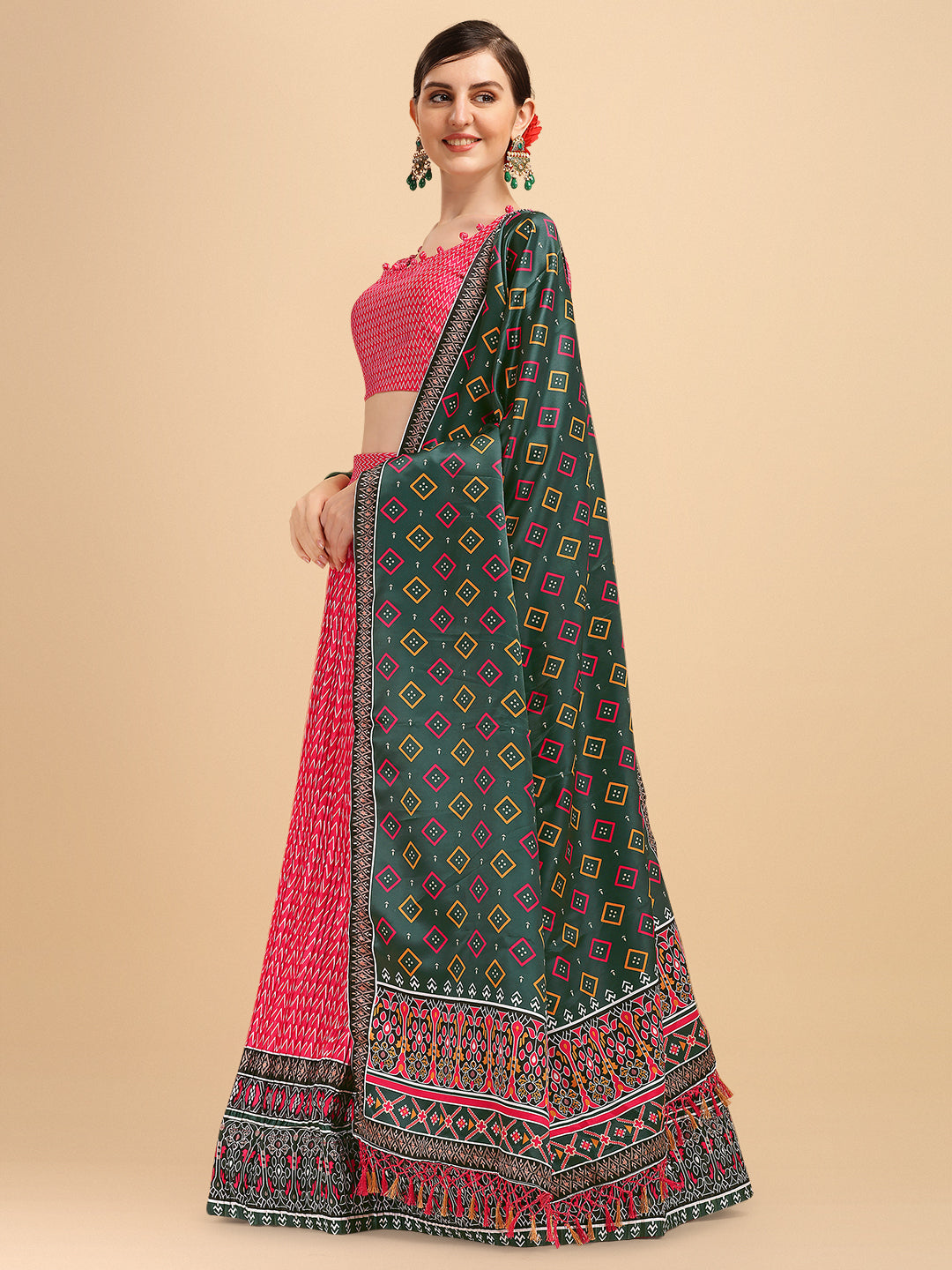 Pink & Dark Green Color Digital Printed Crushed Lehenga Choli