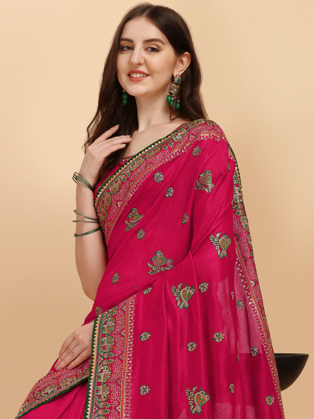 Party Wear Pink Color Embroidered Work Vichitra Silk Saree