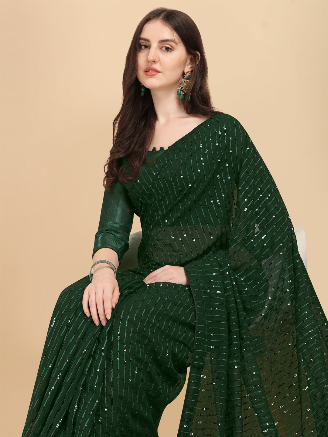 Party Wear Green Color Sequence Work Saree