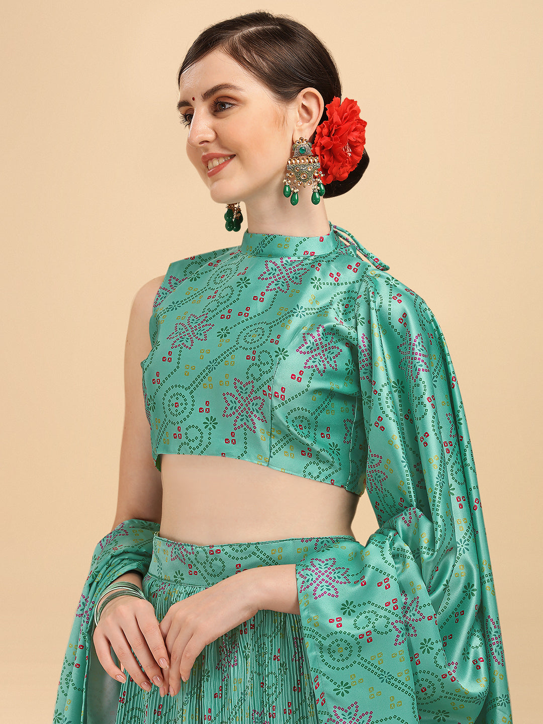 Digital Printed Turquoise Color Crushed Lehenga Choli