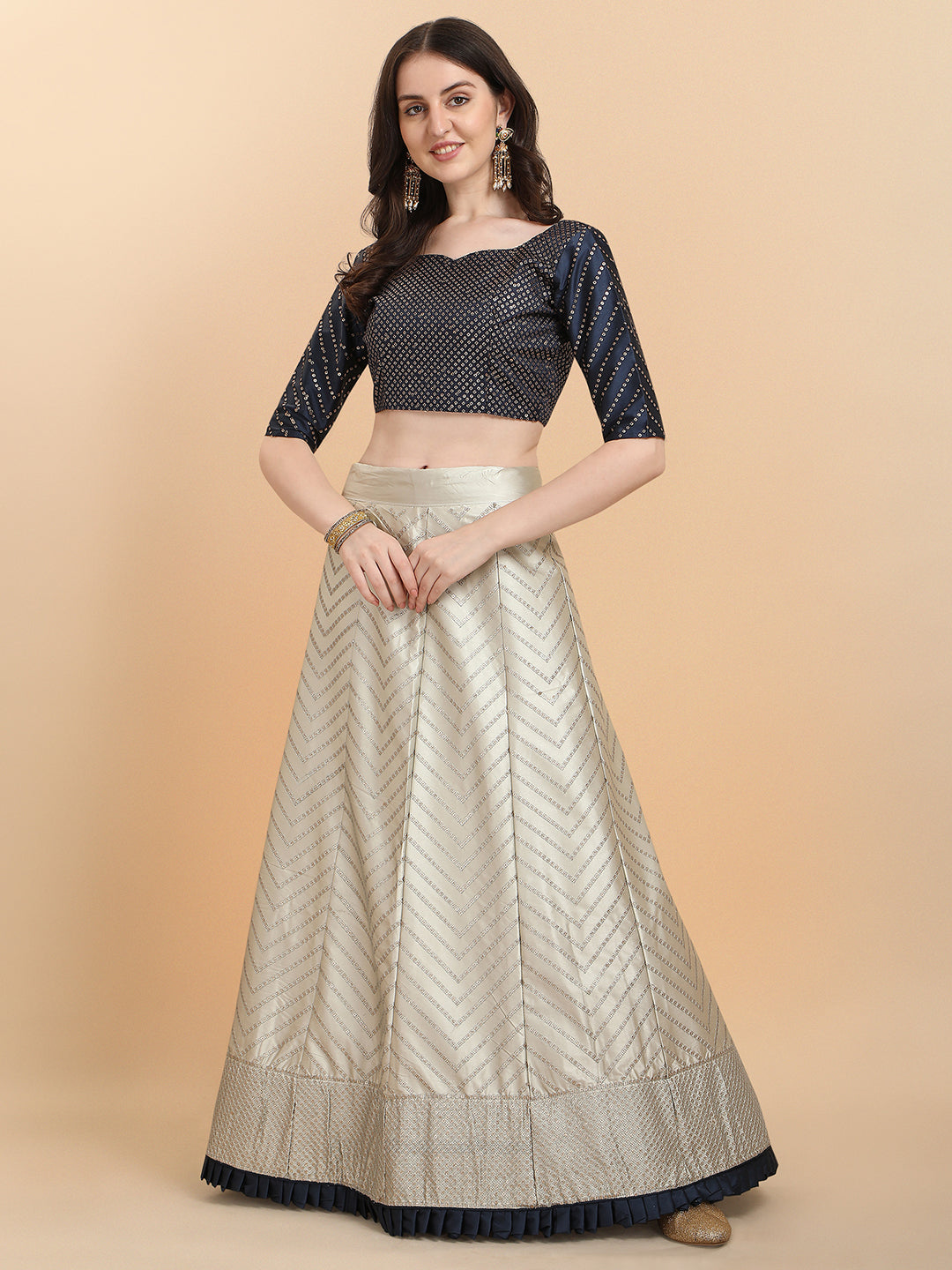 Beige With Navy Blue Color Sequence Work Satin Silk Lehenga Choli