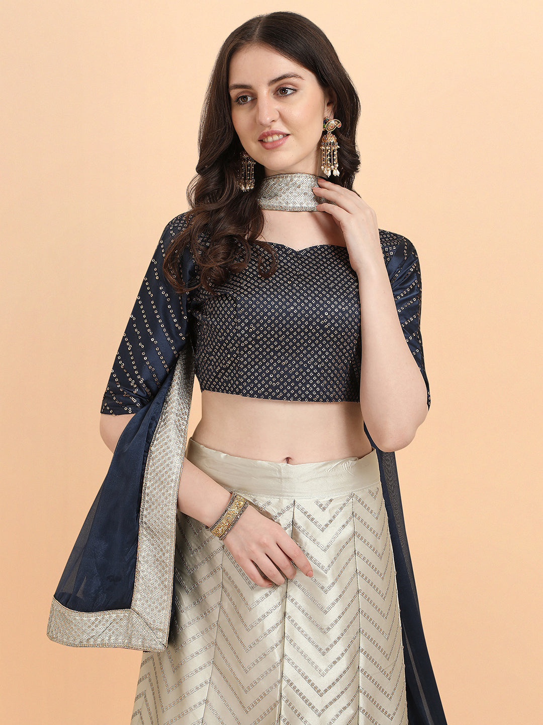 Beige With Navy Blue Color Sequence Work Satin Silk Lehenga Choli