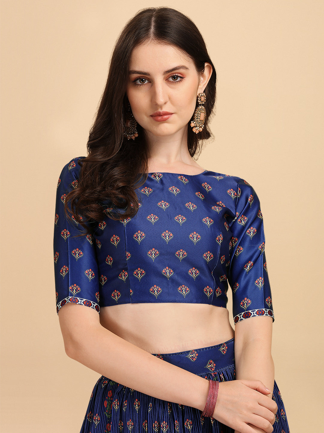 Stunning Navy Blue Color Digital Printed  Crushed Lehenga Choli