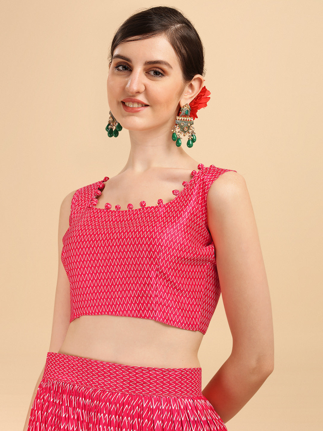 Pink & Dark Green Color Digital Printed Crushed Lehenga Choli