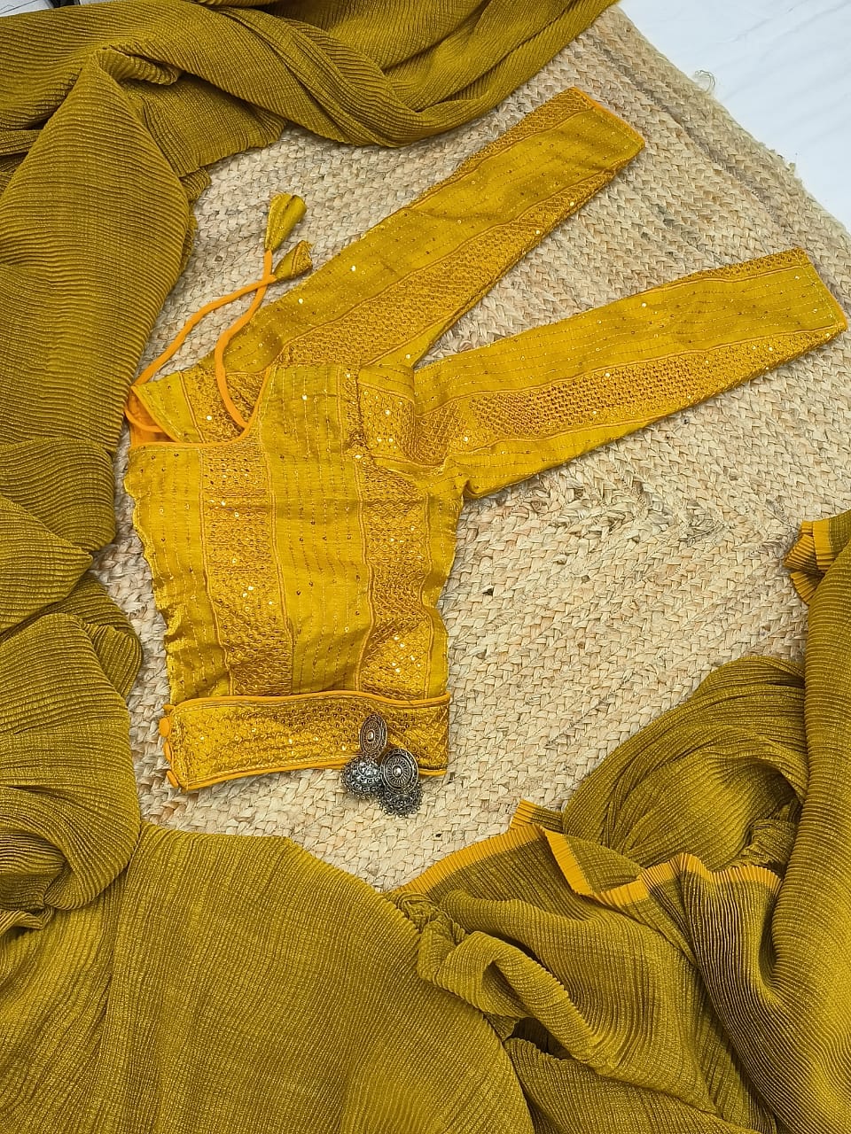 Mustard Color Crushed Saree With Fancy Attached Belt Blouse