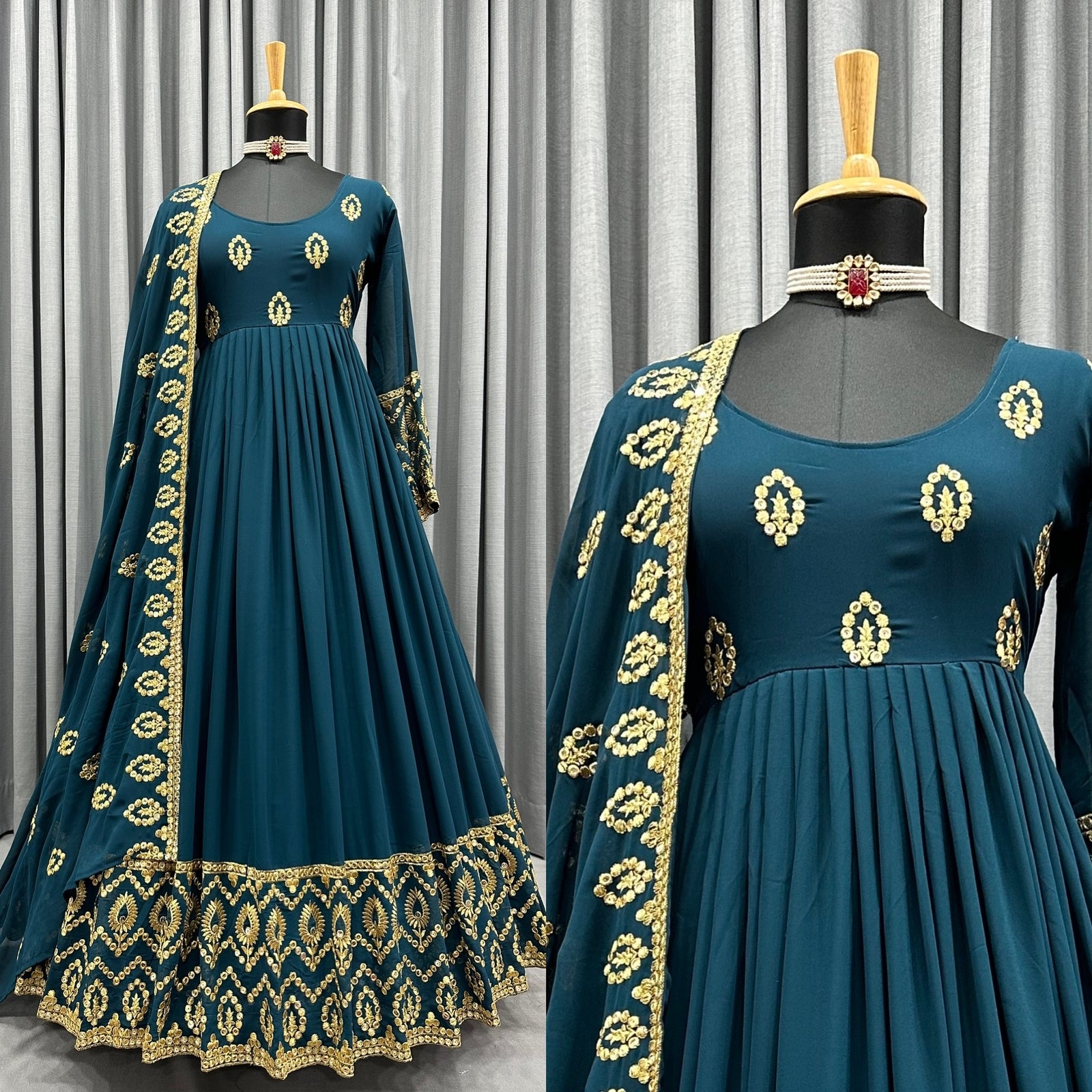 Gorgeous Teal Blue Color Sequence Embroidery Work Gown