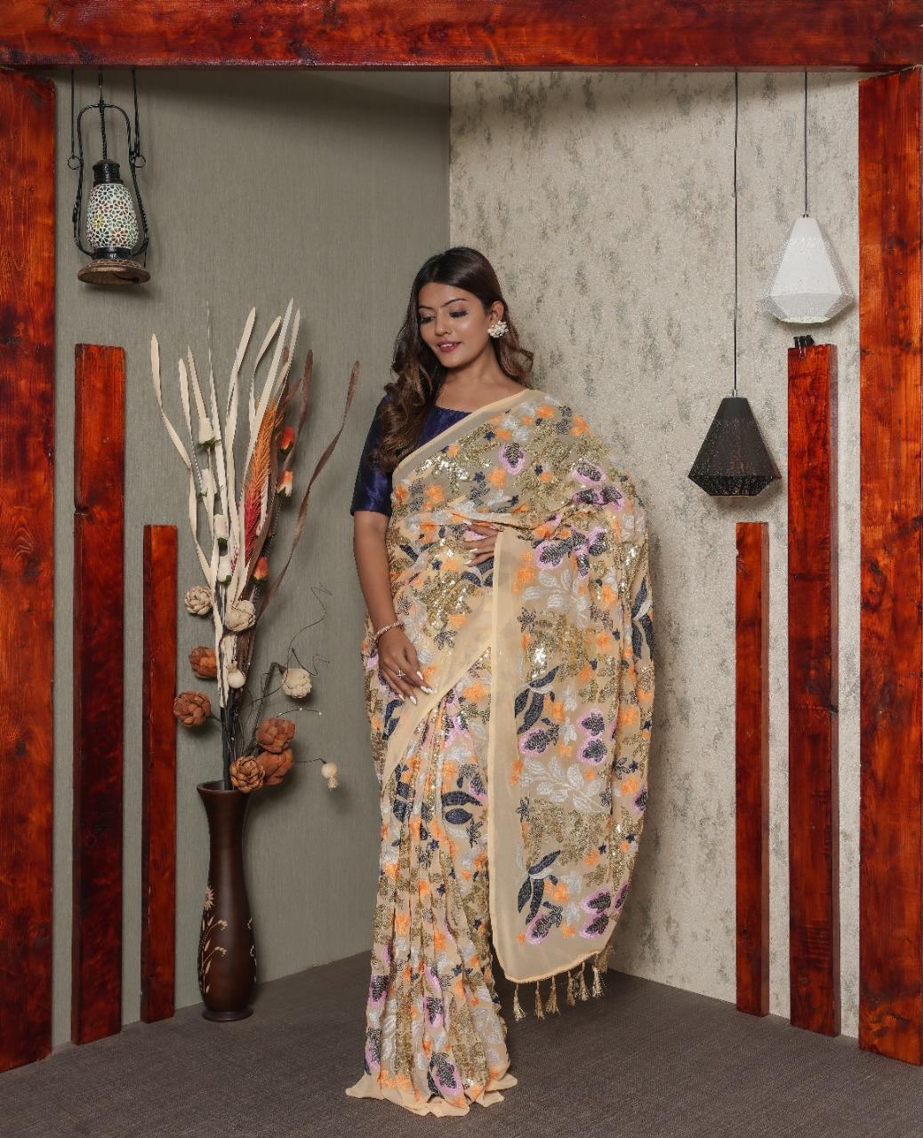 Heavy Multi-embroidered Sequence Work Beige Color Saree