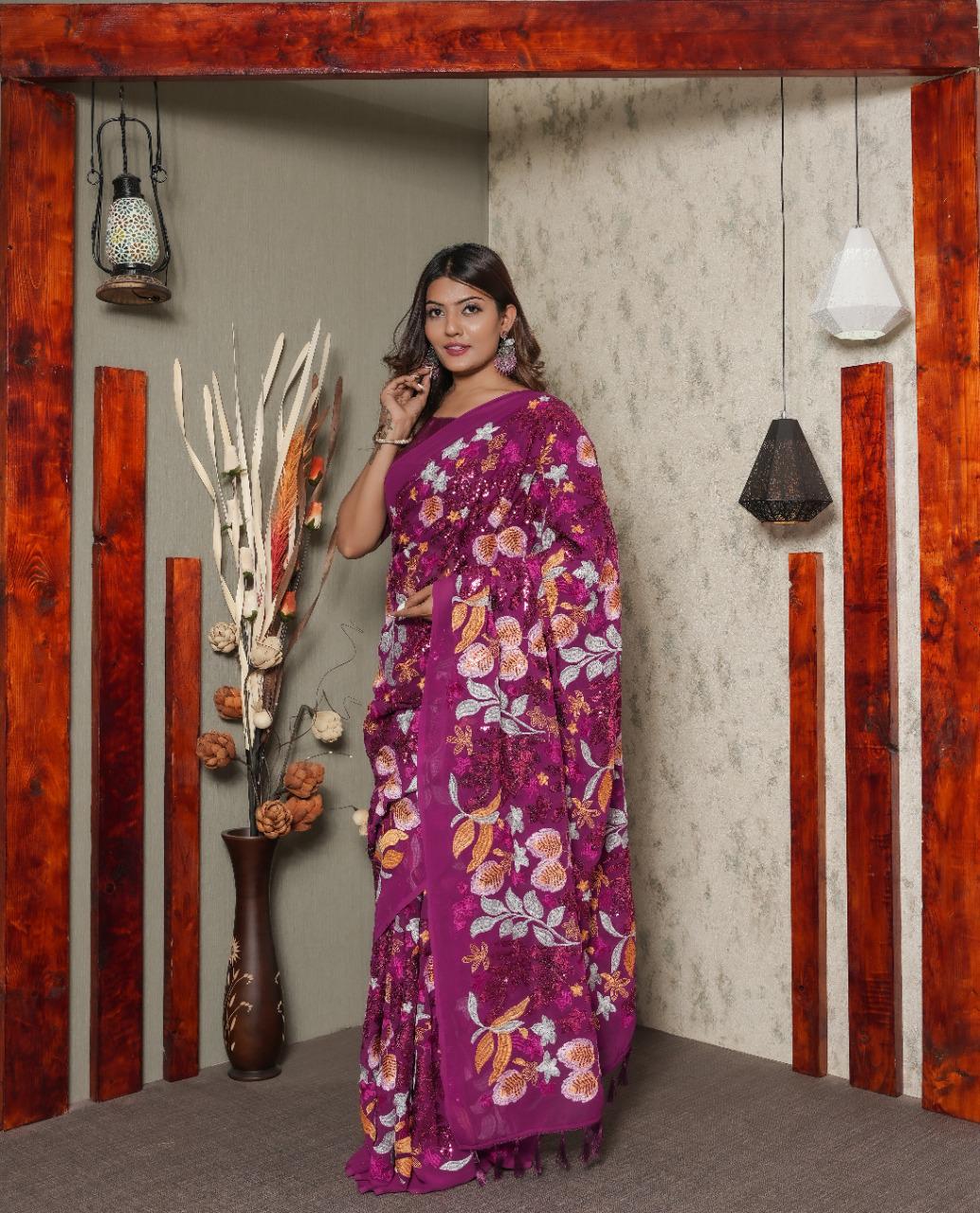 Heavy Multi-embroidered Sequence Work Wine Color Saree