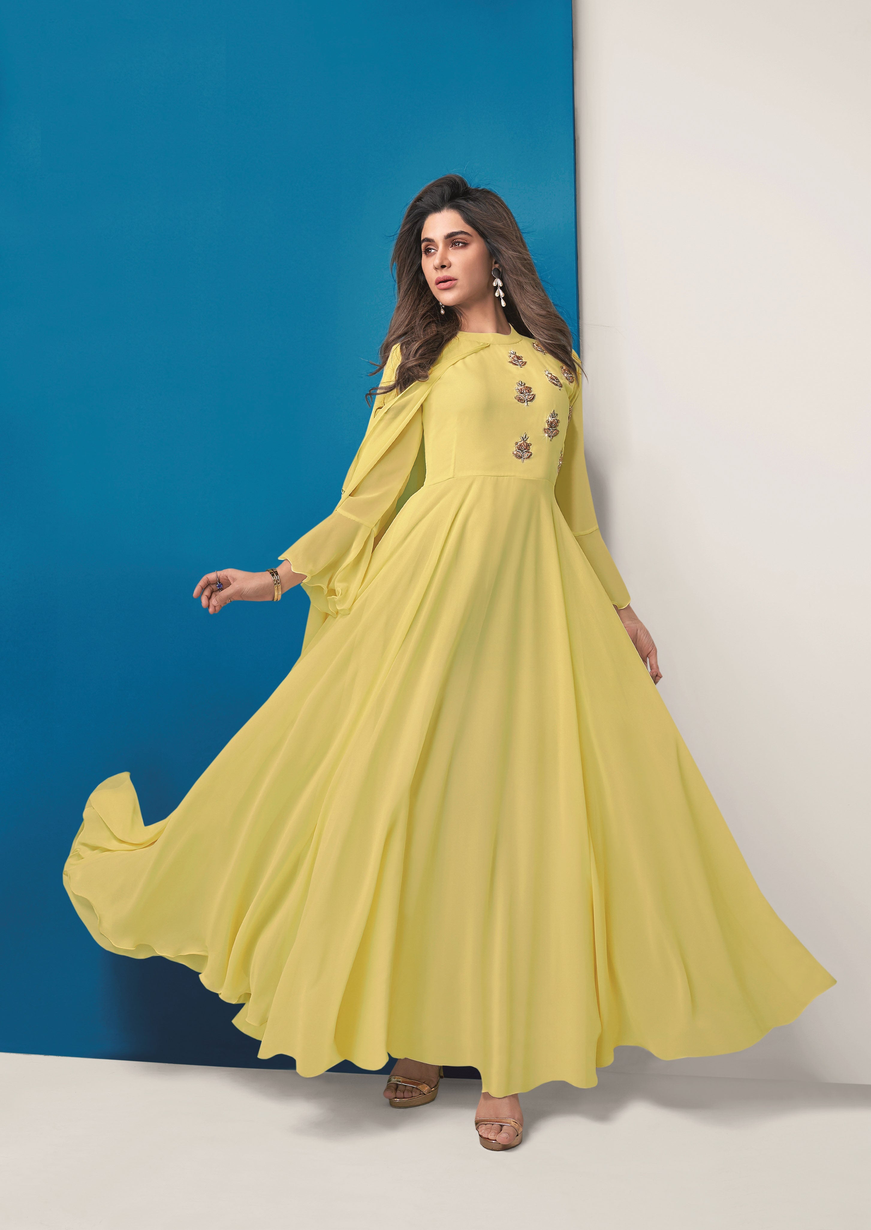 Yellow Color Thread Work Anarkali Gown