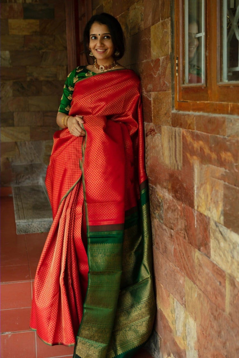Wedding Wear Red And Green Color Saree