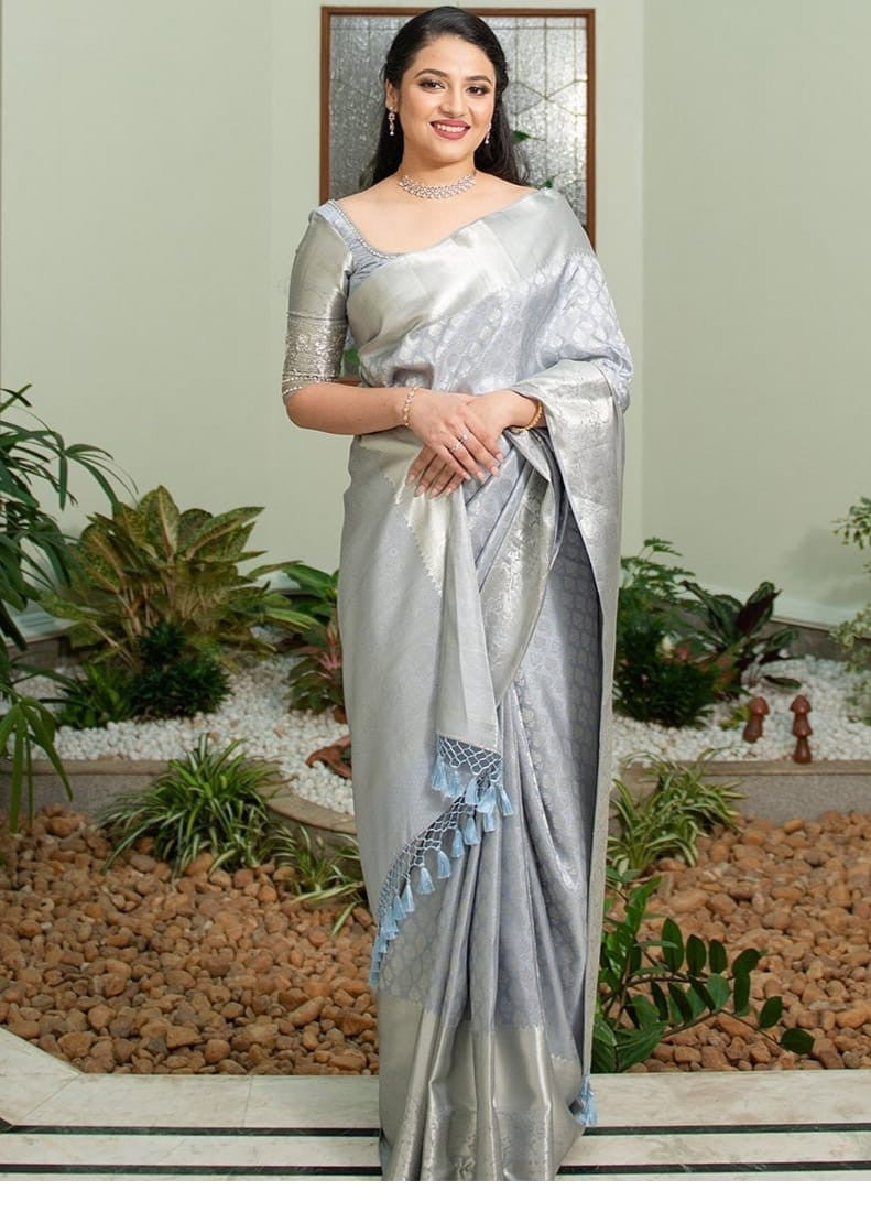 Good Looking Grey Color Banarasi Silk Saree