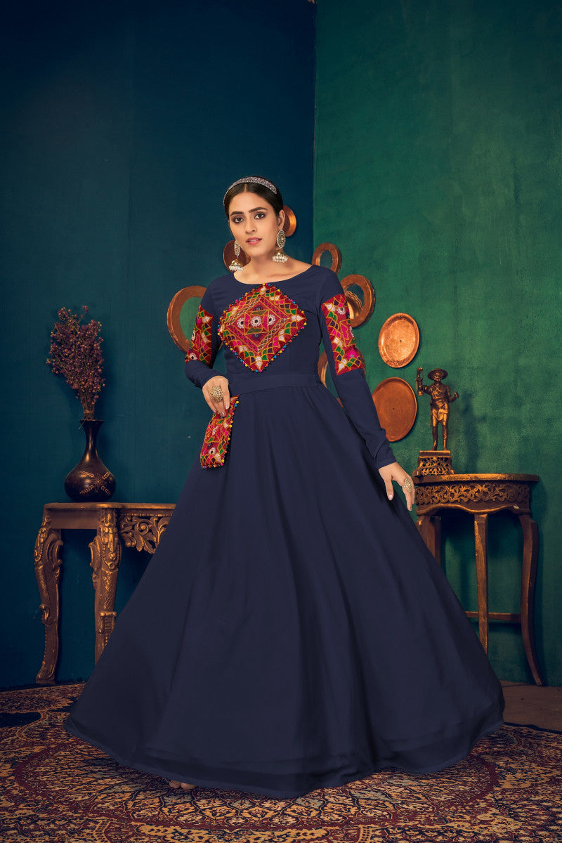 Charming Blue Embroidered With Real Mirror Pearl Work With Waist Belt Gown