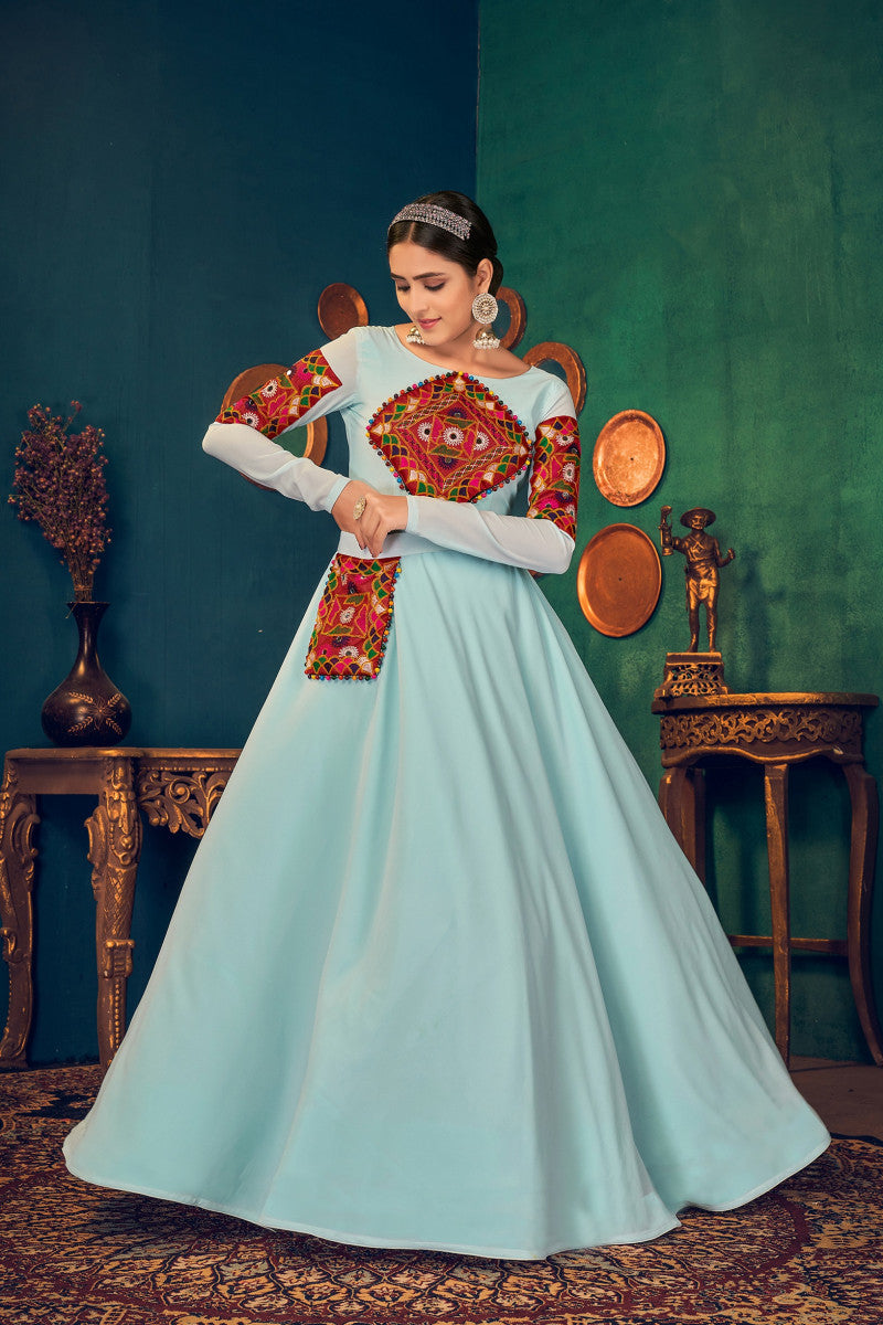 Adorable Sky Blue Embroidered With Real Mirror Pearl Work With Waist Belt Gown