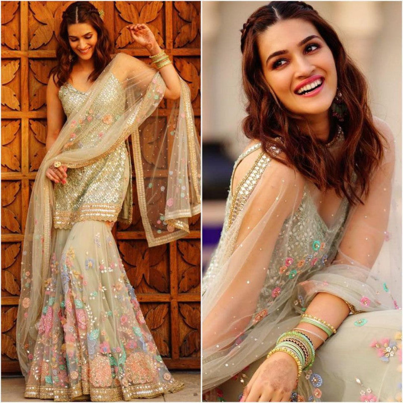 Bollywood Kriti Sanon Style Off-White Beautiful Sharara Suit