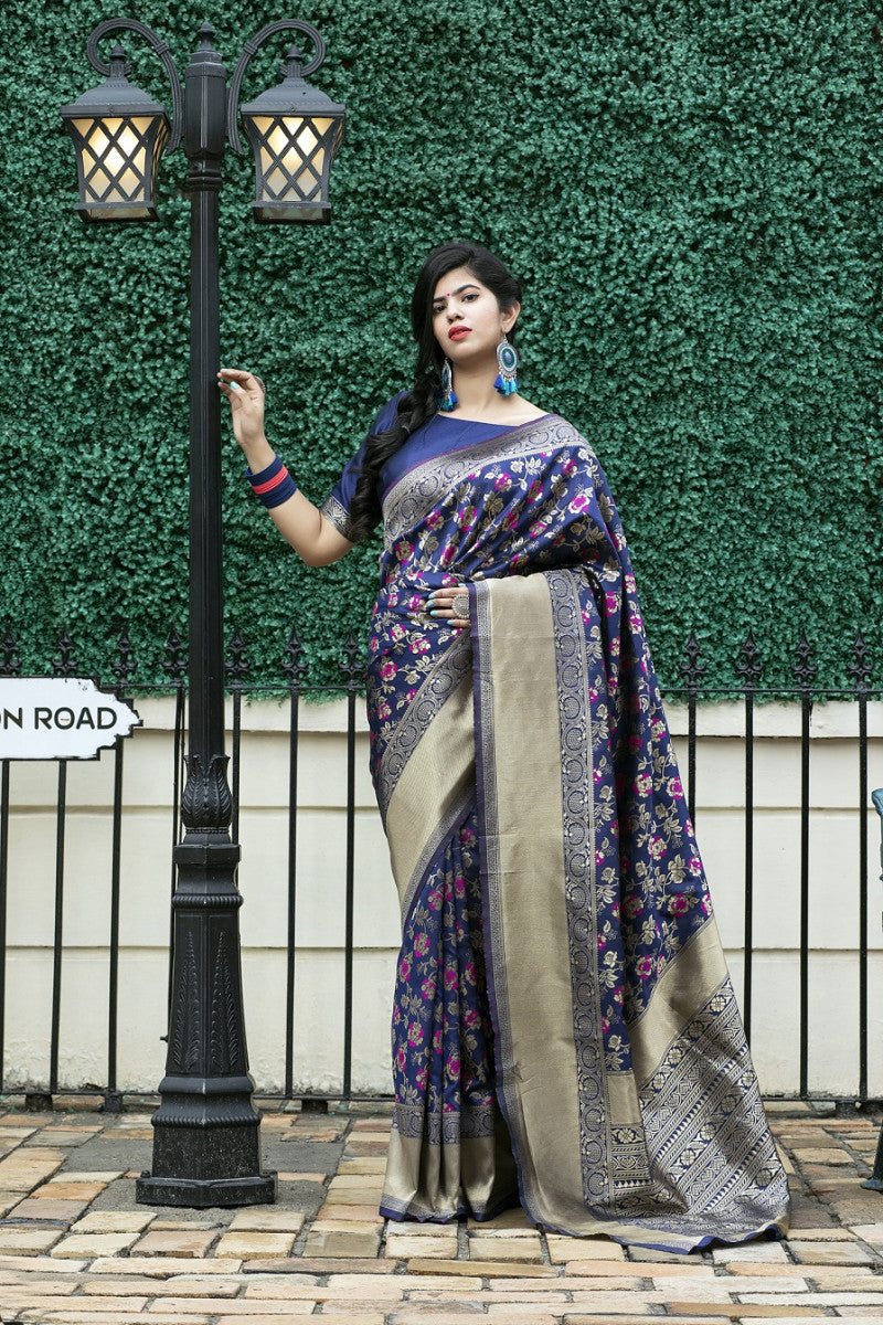 Navy Blue Color Banarasi Silk Imposing Saree