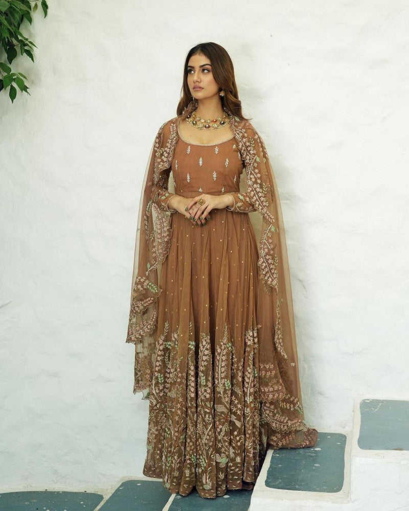 Presenting Beige Color Sequence Embroidered Gown