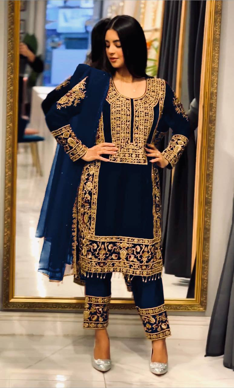 Navy Blue Color Stylish Work Velvet Salwar Suit