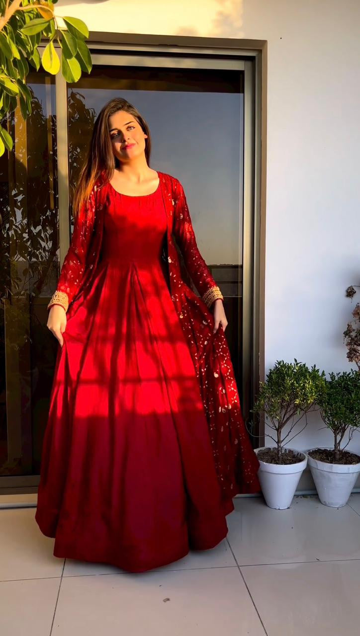 Beautiful Red Color Georgette Gown With  Embroidery Sequence Work Koti