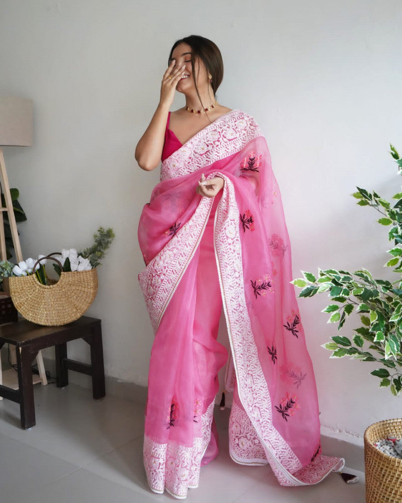 Ceremony Wear Pink Sequence Thread Work Organza Silk Saree