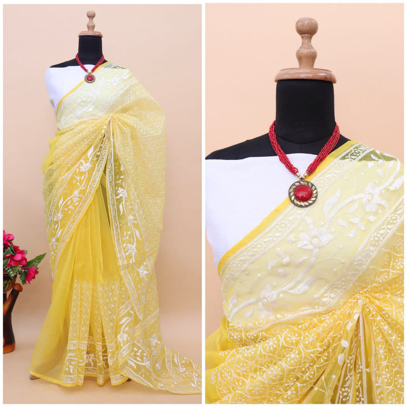 Trending Fancy Yellow Color Embroidery Work Organza Silk Saree
