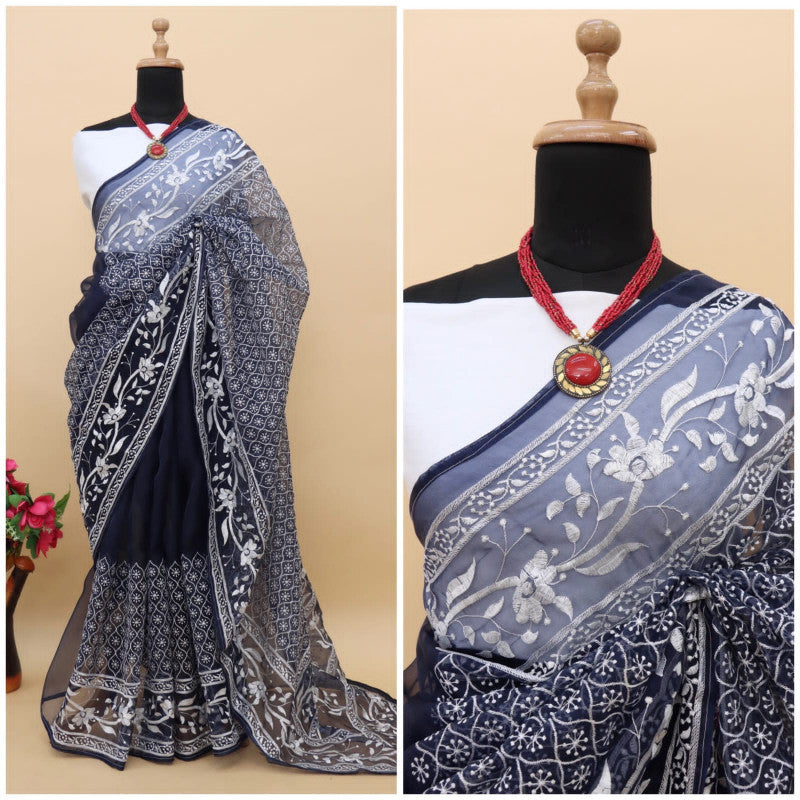 Trending Fancy Black Color Embroidery Work Organza Silk Saree
