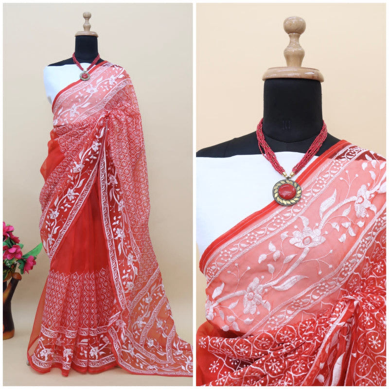 Trending Fancy Red Color Embroidery Work Organza Silk Saree