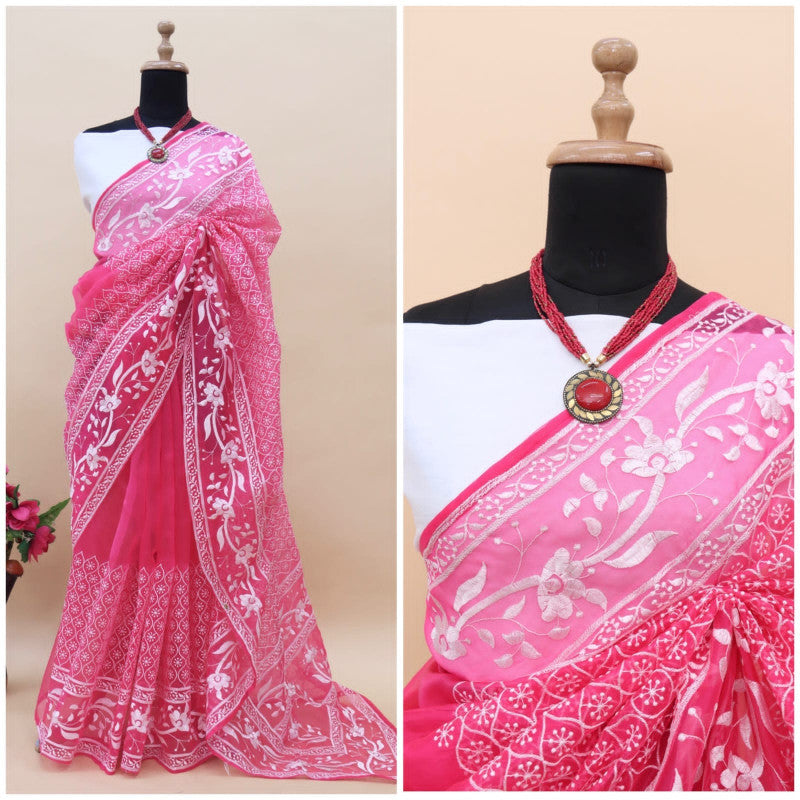 Trending Fancy Pink Color Embroidery Work Organza Silk Saree