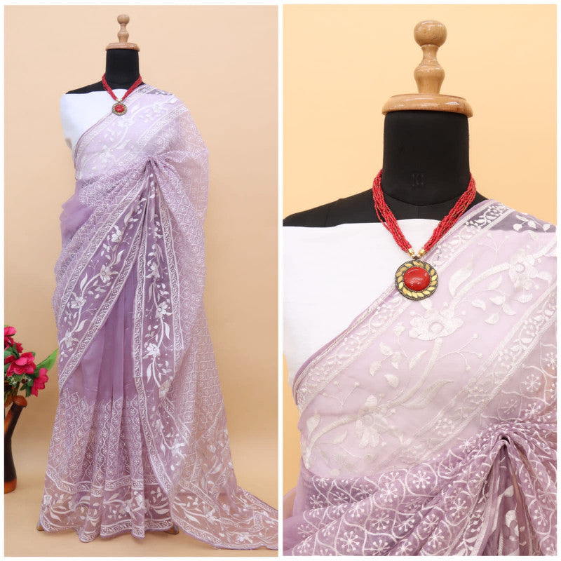 Trending Fancy Lavender Color Embroidery Work Organza Silk Saree