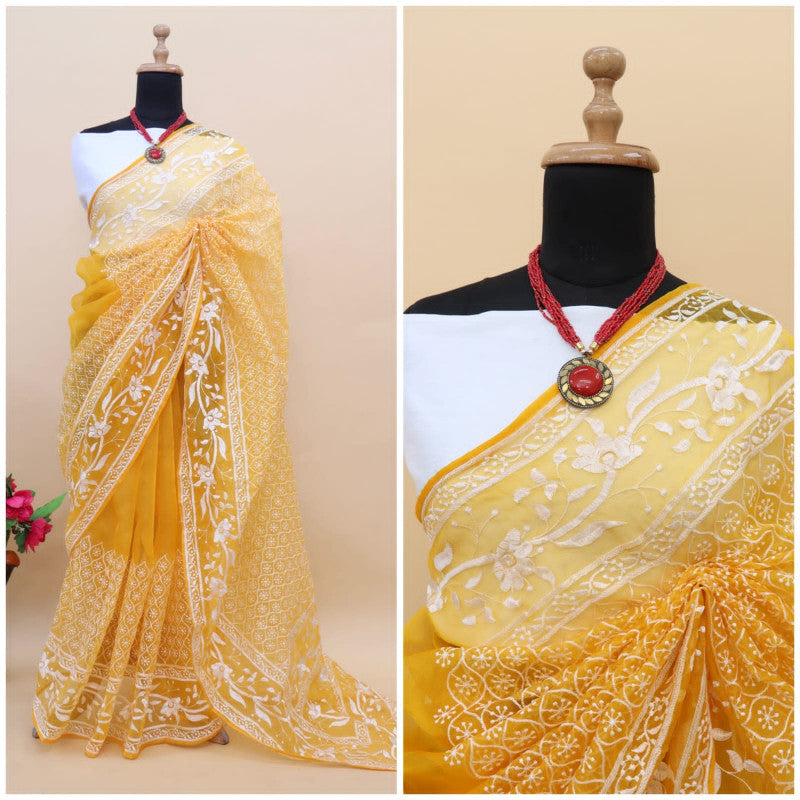 Trending Fancy Mustard Color Embroidery Work Organza Silk Saree