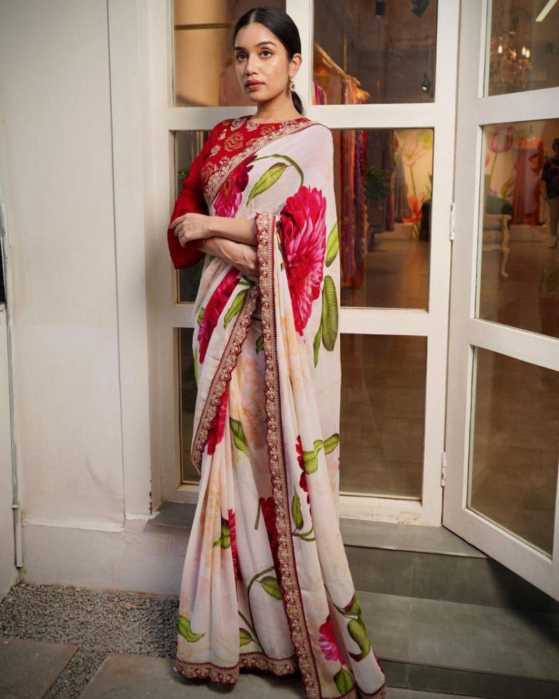 Bollywood Style Floral Printed White Color Georgette Saree