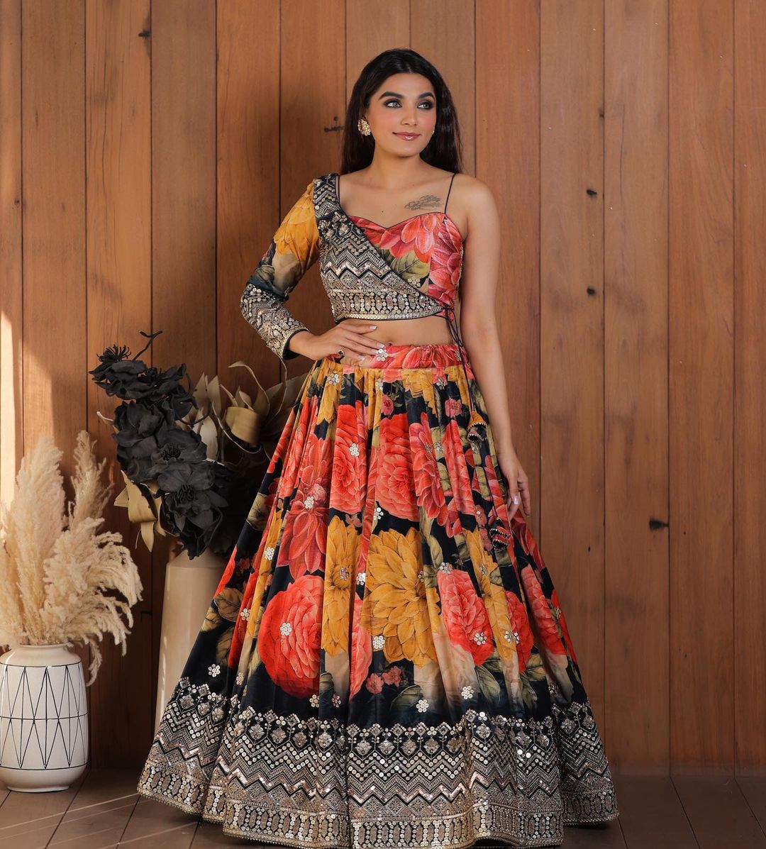 Buy Peach Floral One Side Shoulder Lehenga With Dupatta Online in USA –  Pure Elegance