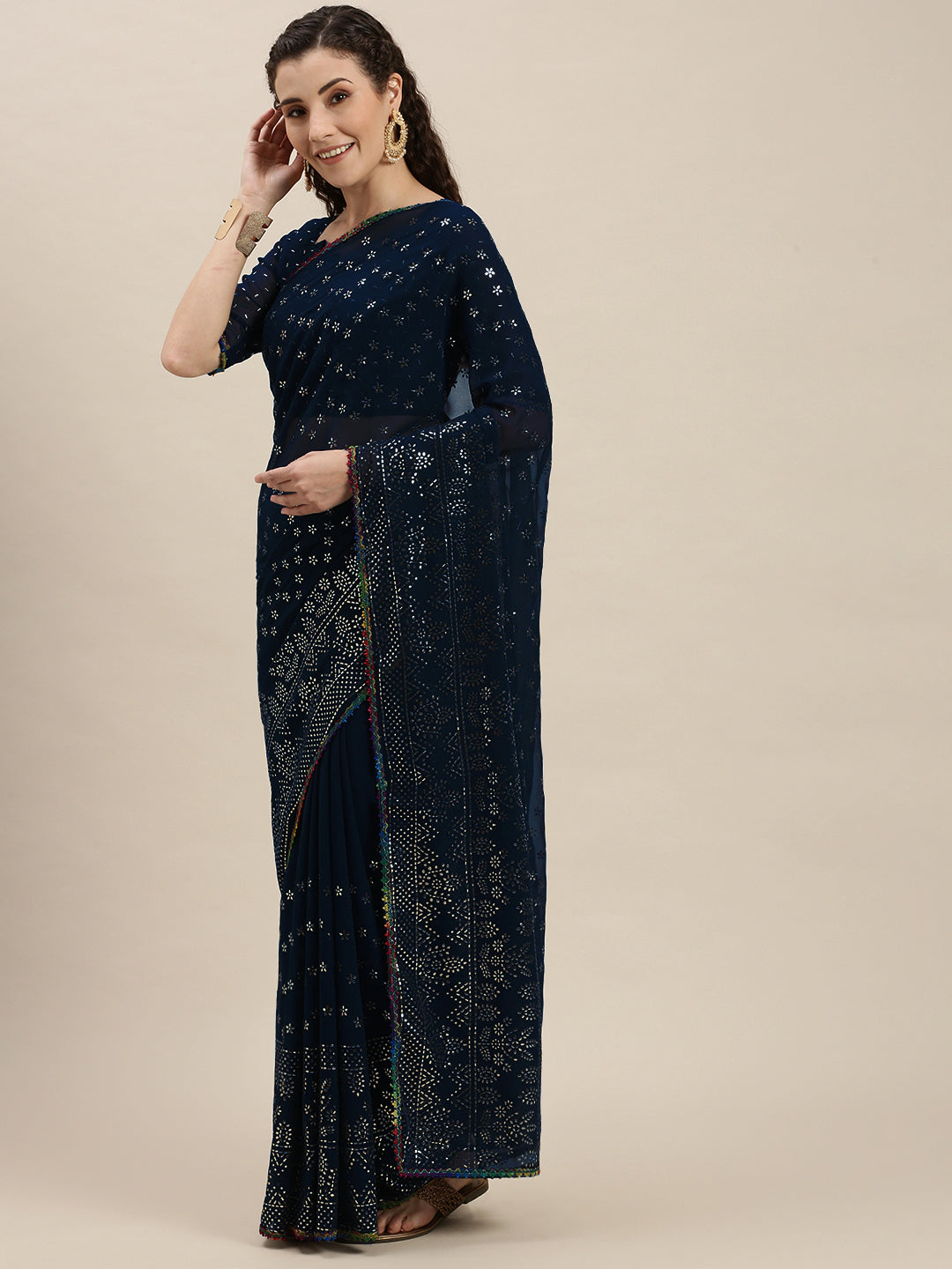 Blue Color Silver-Toned Embroidered Saree