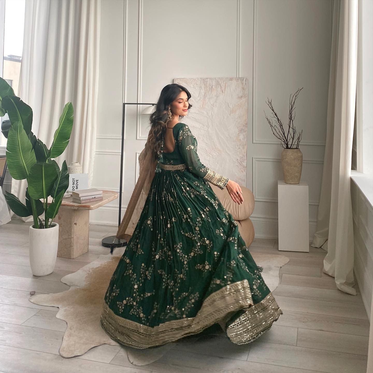 Party Wear Green Color Embroidered Sequence Work Gown