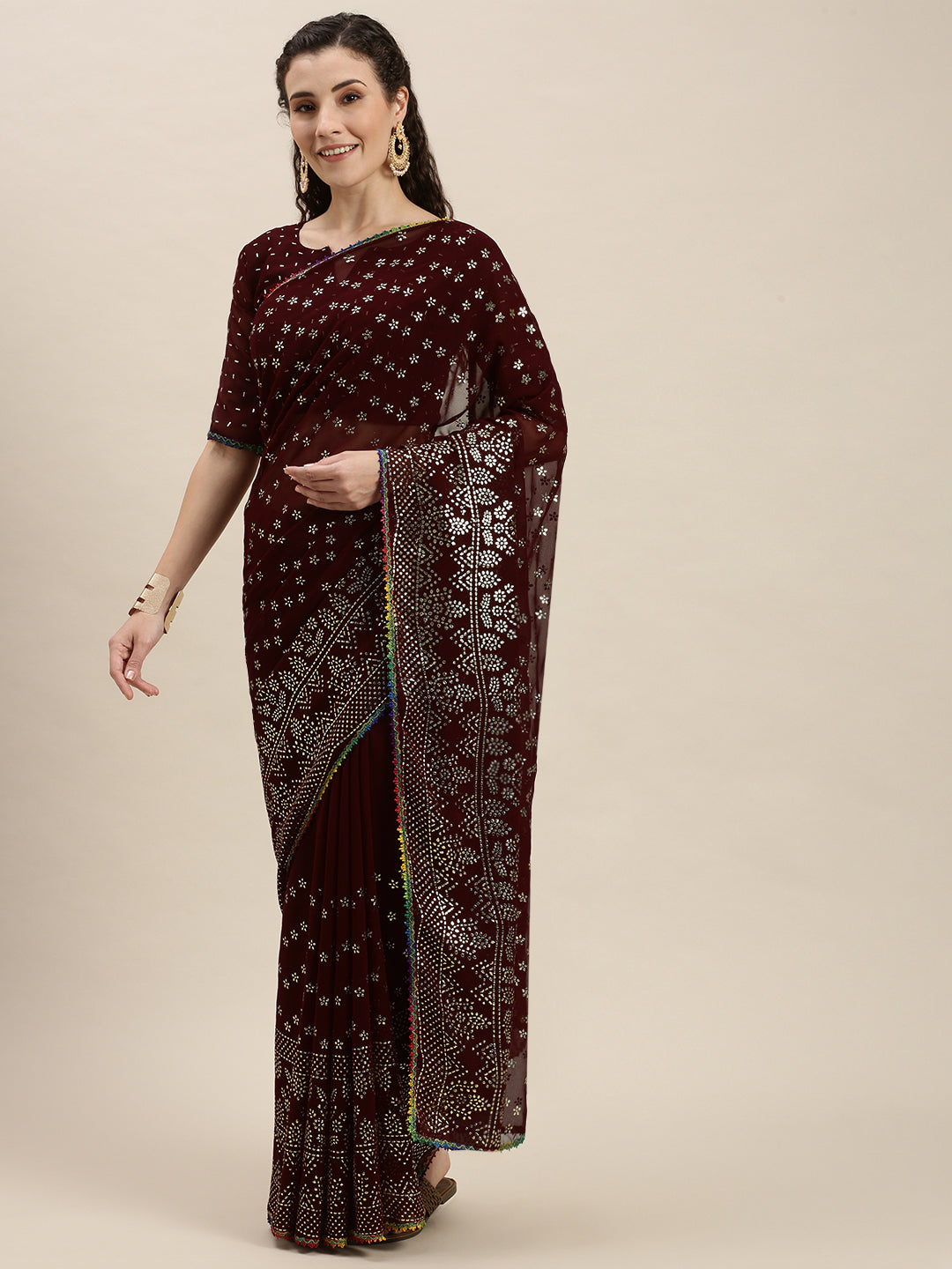 Brown Color Silver-Toned Embroidered Saree