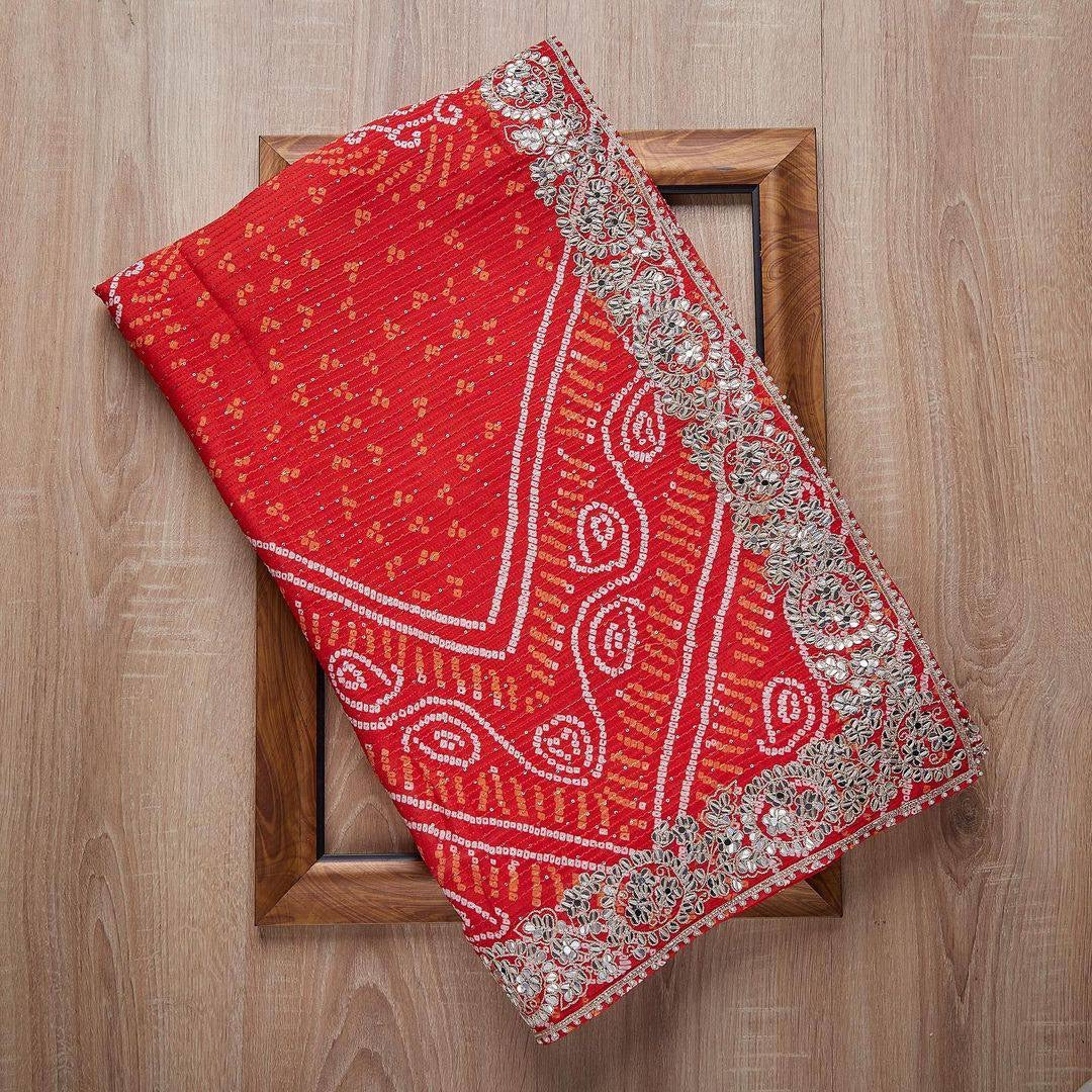 Bandhani Print Red Color Crochet Work Saree