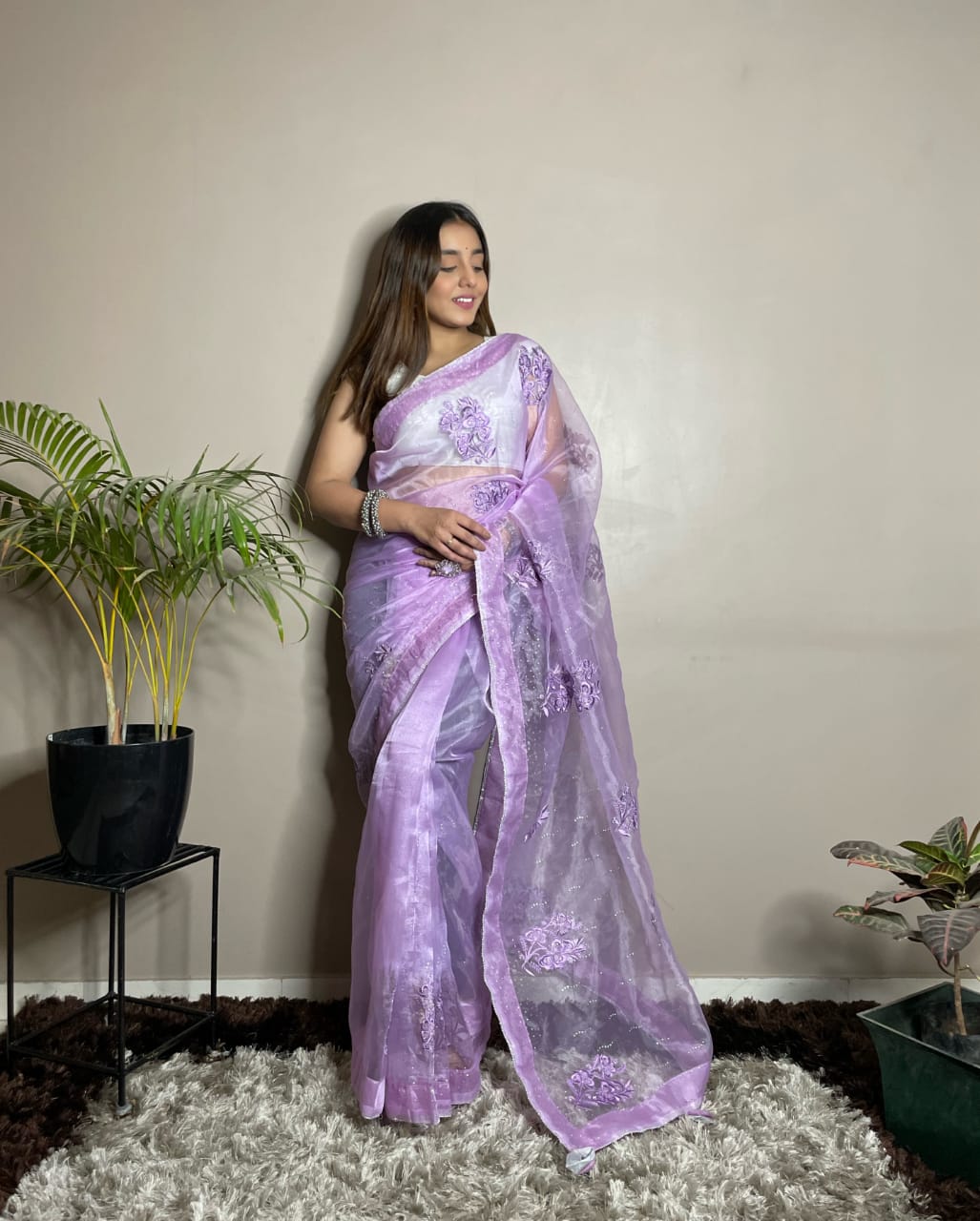 Lavender Color Embroidery & Mukesh Work Organza Silk Saree