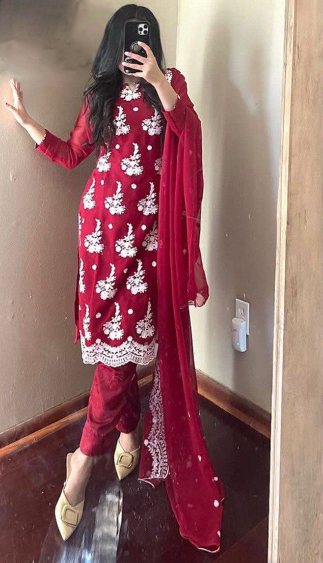 Full-Sleeves Maroon Color Thread Cut-Work Salwar Suit