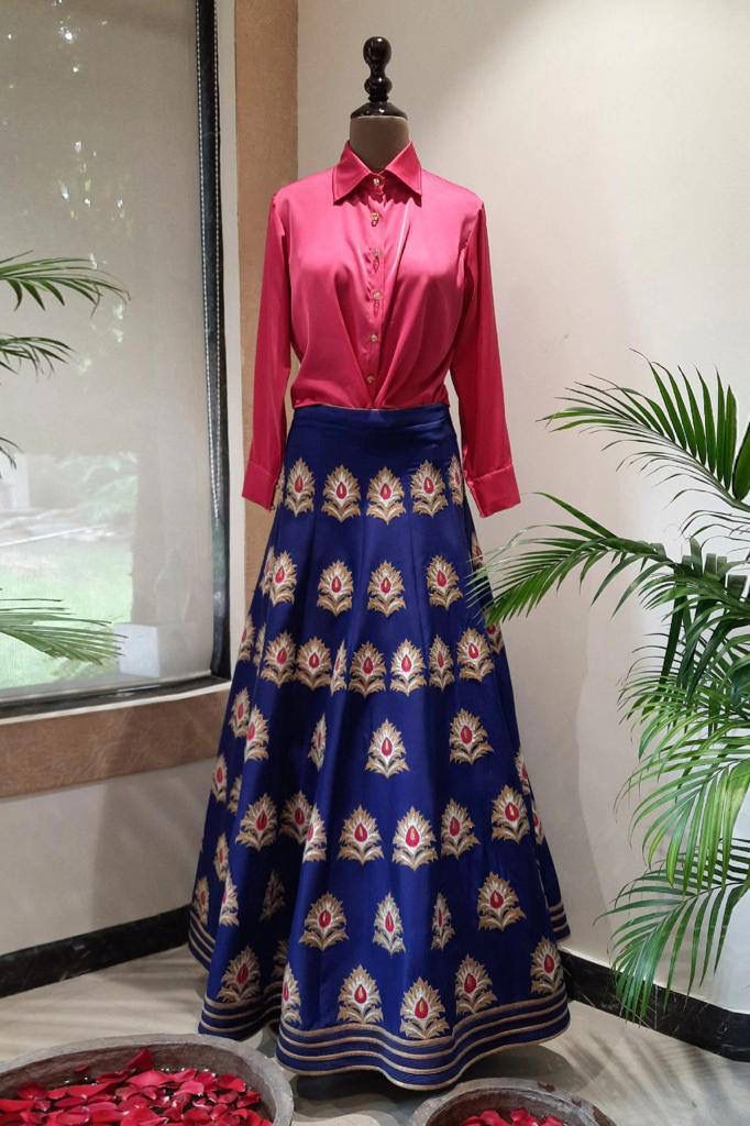 Digital Printed Blue Color Banarasi Satin Silk Lehenga With Pink Top