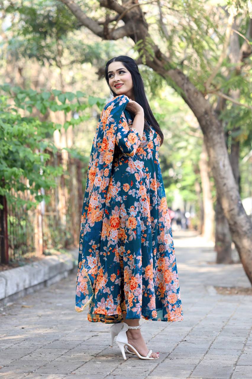 Casual Wear Blue Color Flower Printed Gown