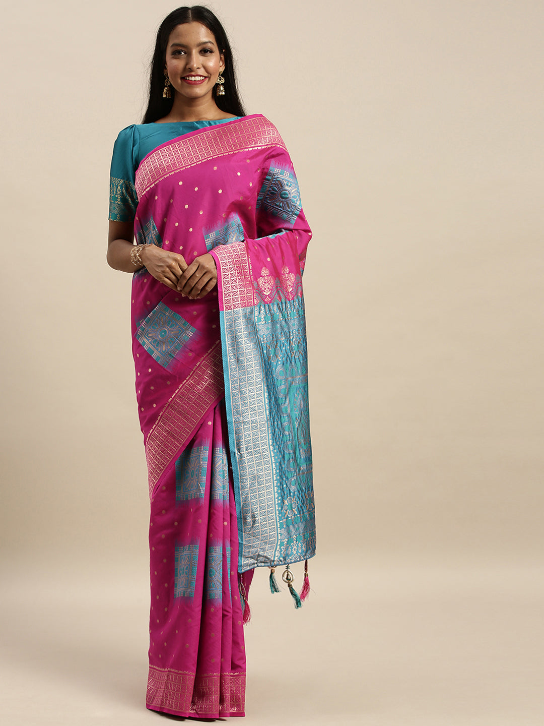 Fashionable Pink And Blue Color Banarasi Silk Saree