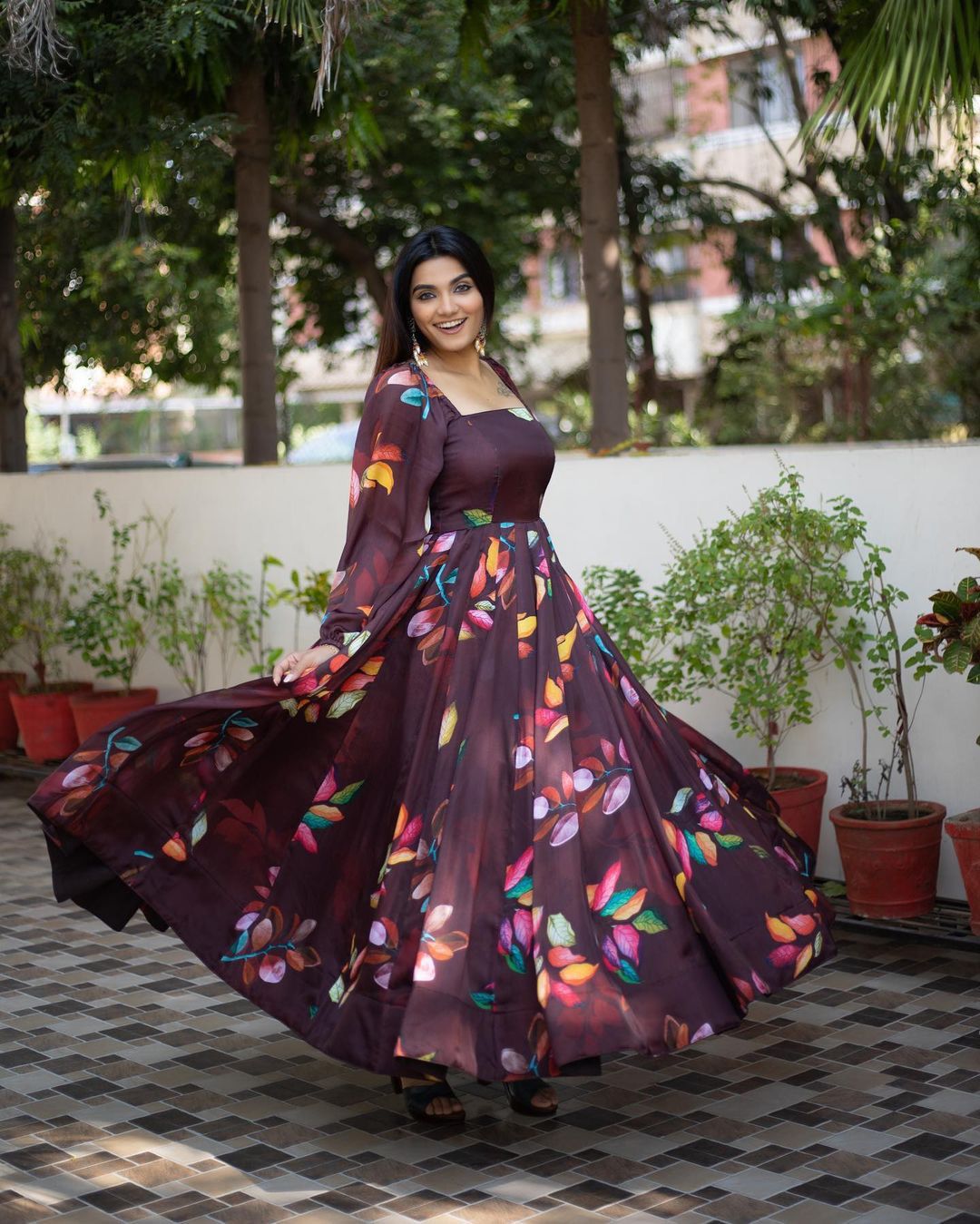 Stylish Balloon Sleeve Brown Color Digital Printed Gown