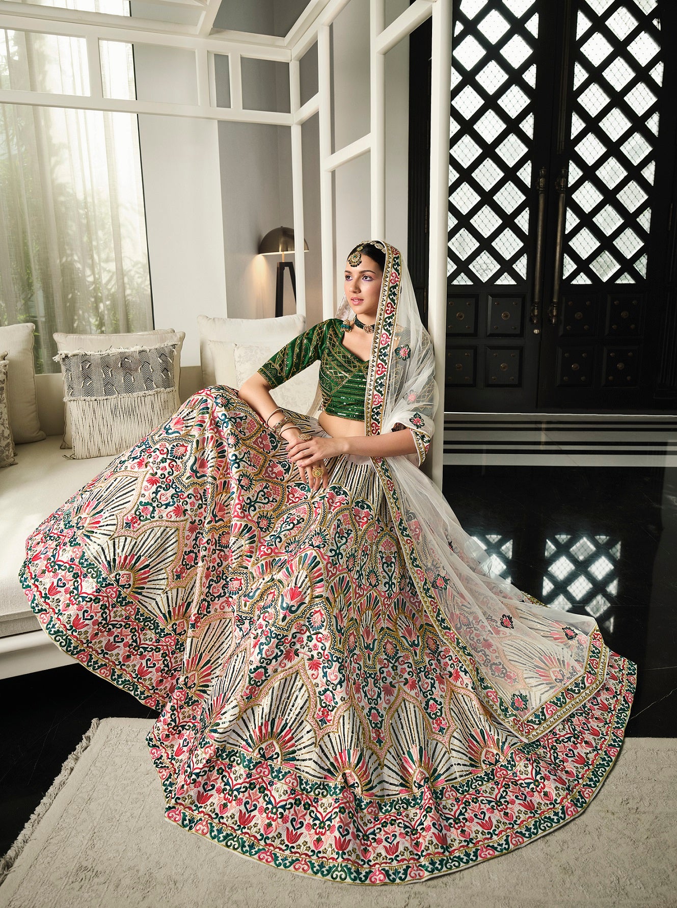 Wedding Wear White With Green Sequence Embroidered Work Lehenga Choli