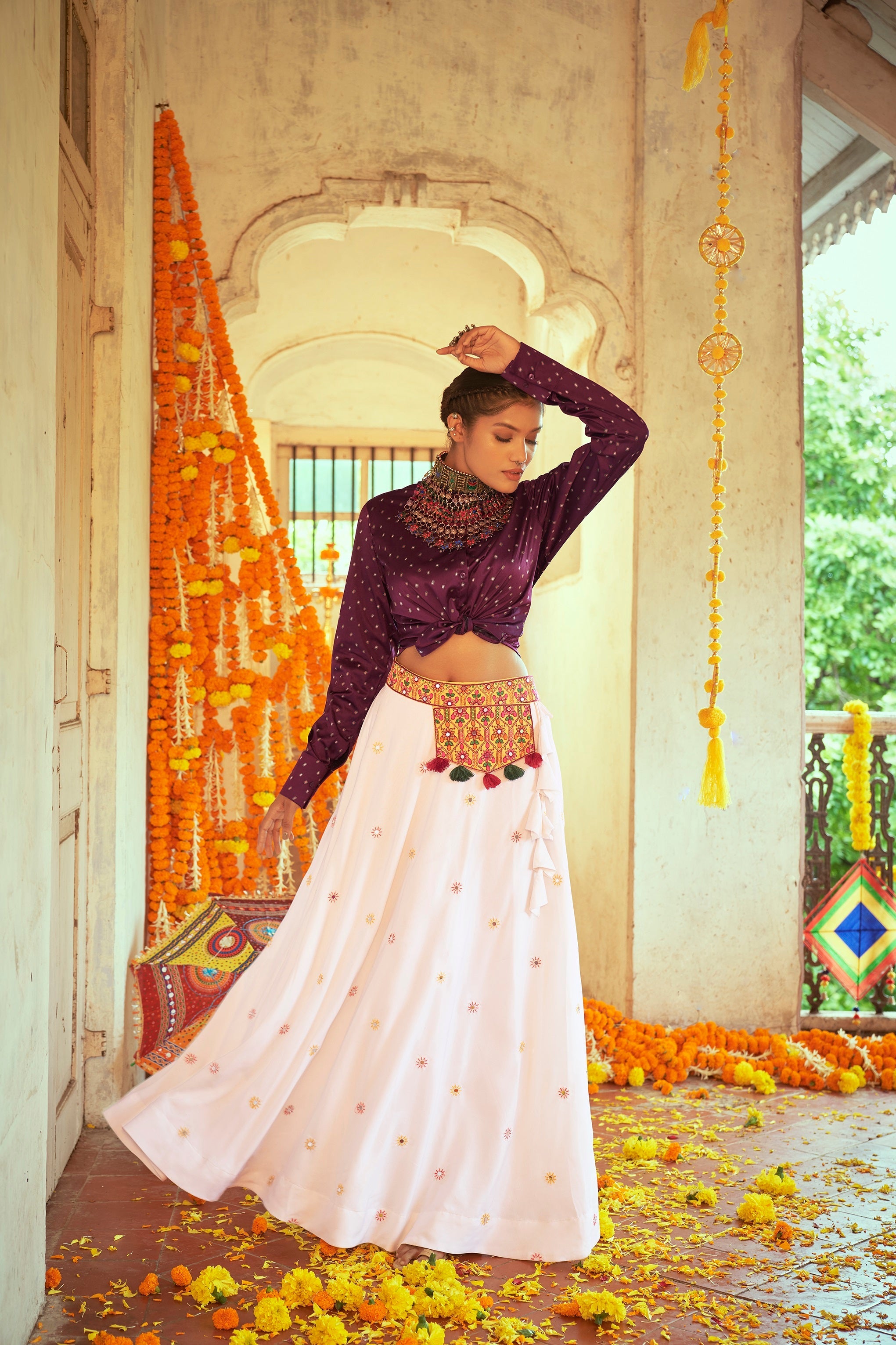 Purple With White Color Navratri Special Ready To Wear Croptop Lehenga