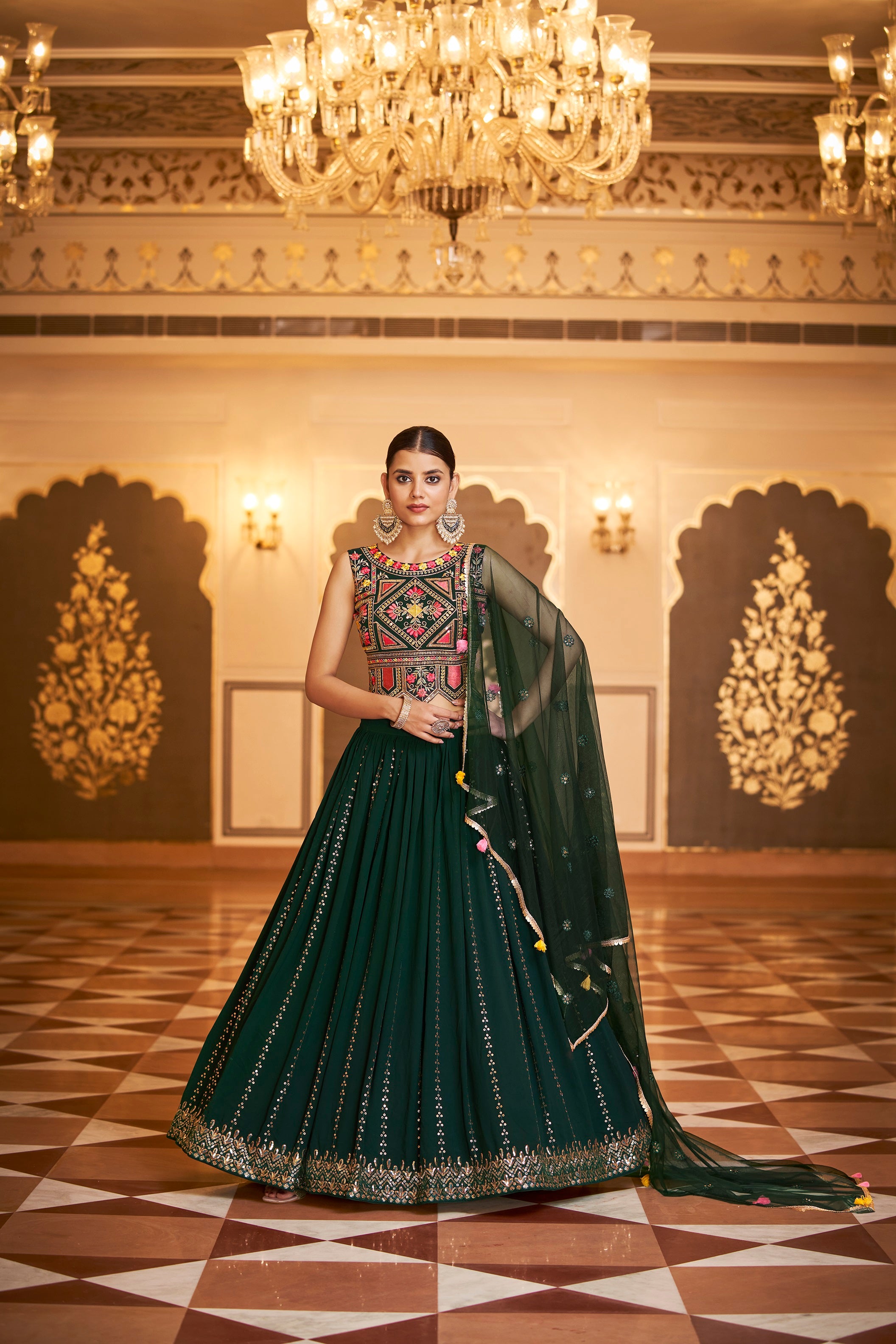 Party Wear Dark Green Color Sequence Embroidered Work Lehenga Choli