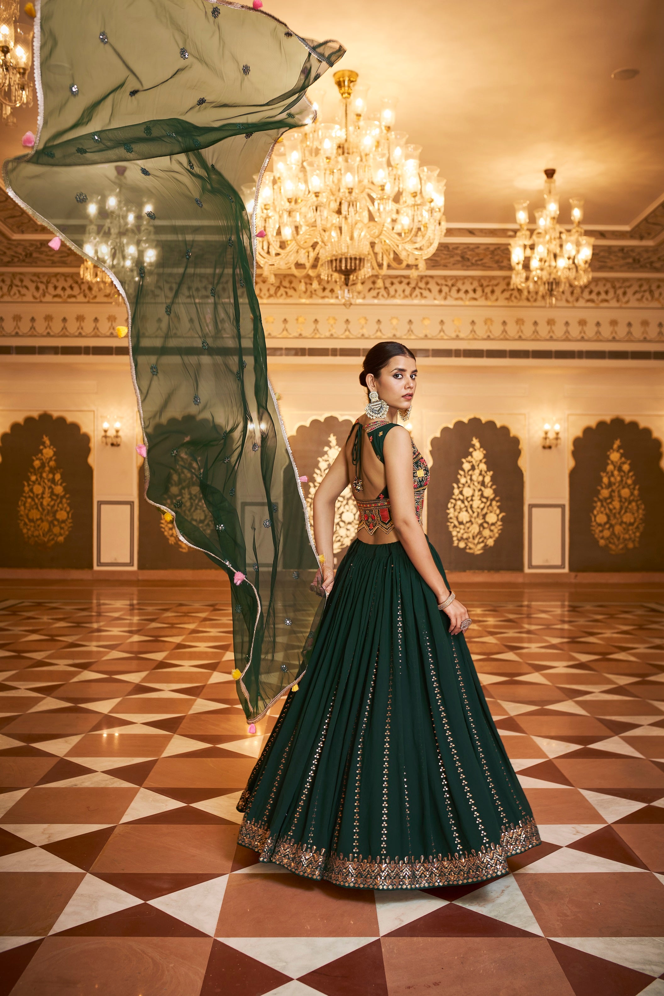 Party Wear Dark Green Color Sequence Embroidered Work Lehenga Choli