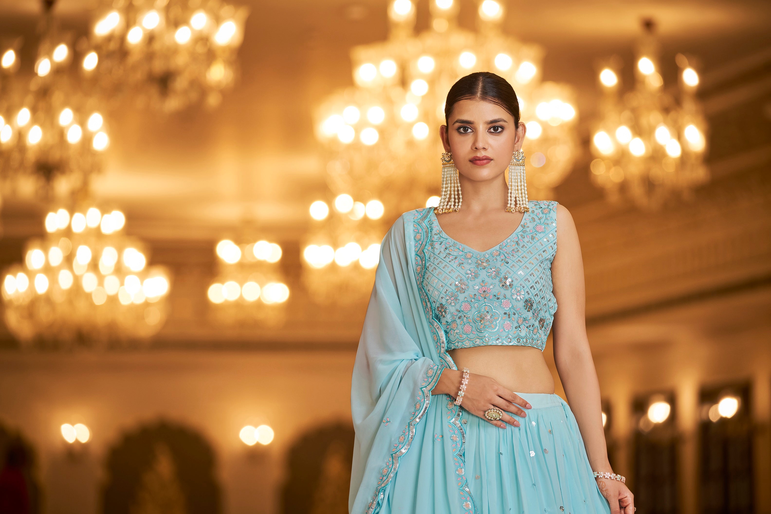 Party Wear Sky Blue Color Sequence Embroidered Work Lehenga Choli
