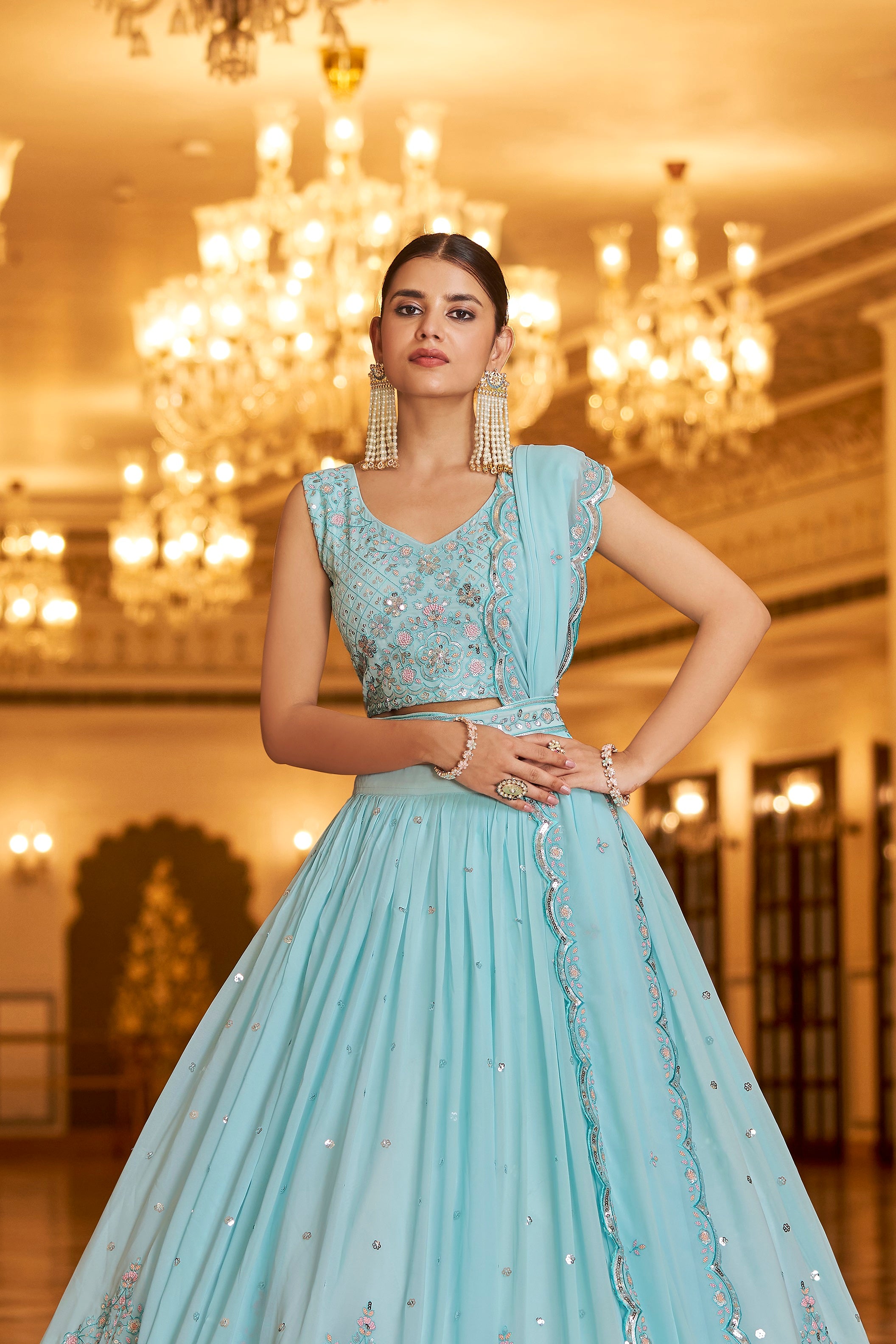 Party Wear Sky Blue Color Sequence Embroidered Work Lehenga Choli