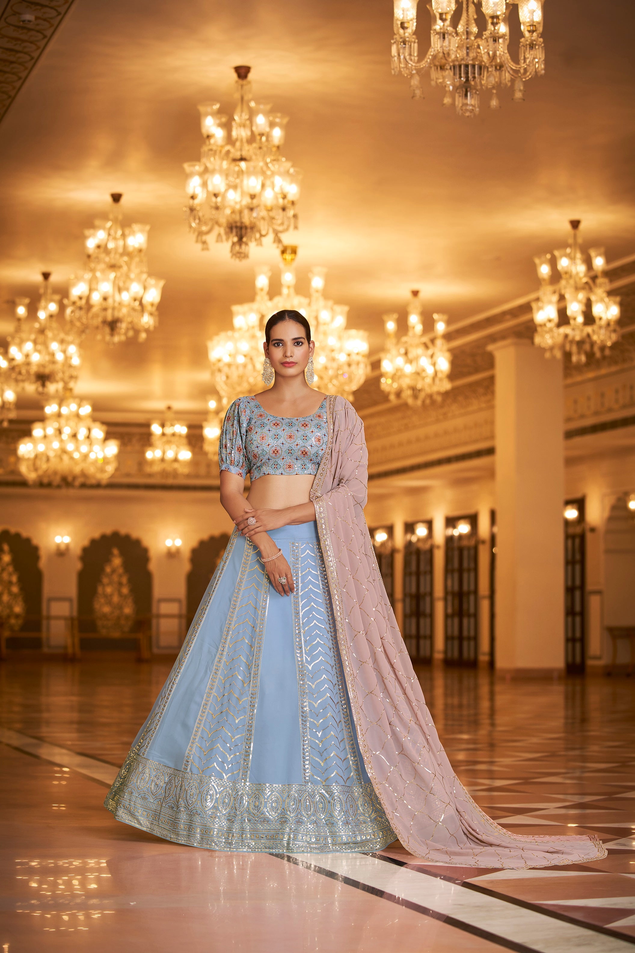 Party Wear Sky With Pink Color Sequence Embroidered Work Lehenga Choli