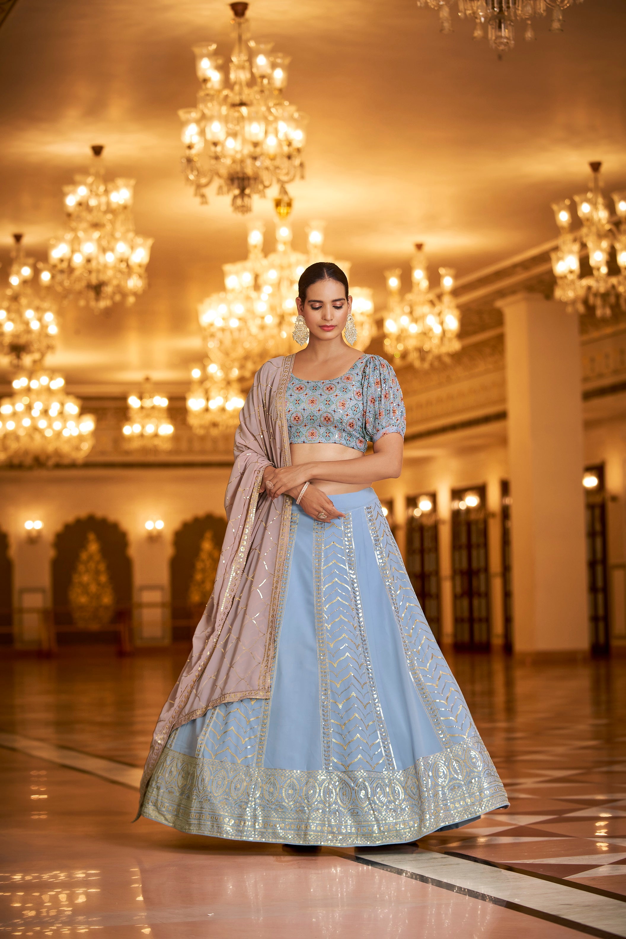Party Wear Sky With Pink Color Sequence Embroidered Work Lehenga Choli